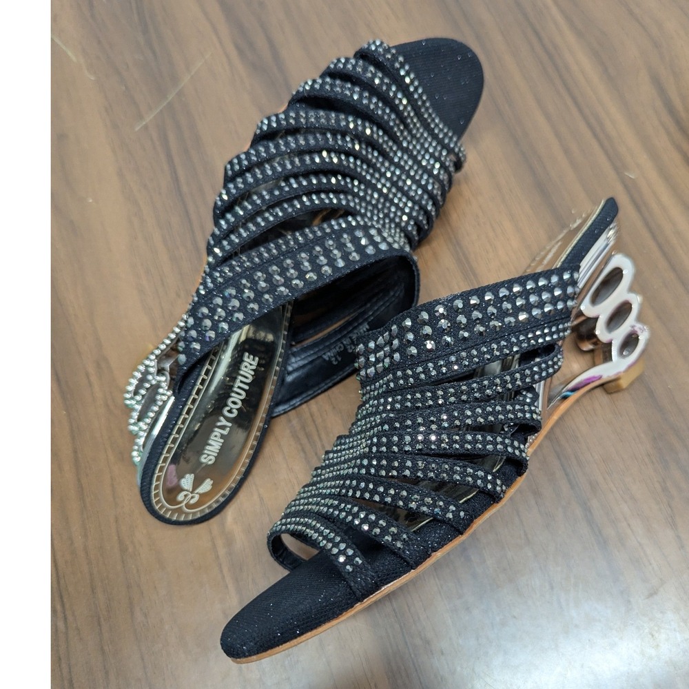 Simply Couture Black Rhinestone Strappy Sculptural Heel Slides Womens 12
